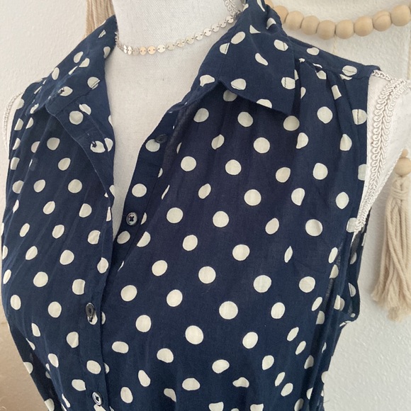 J. Crew navy polka dot shirt dress sleeveless tunic cream blue tie waist medium - Picture 6 of 15